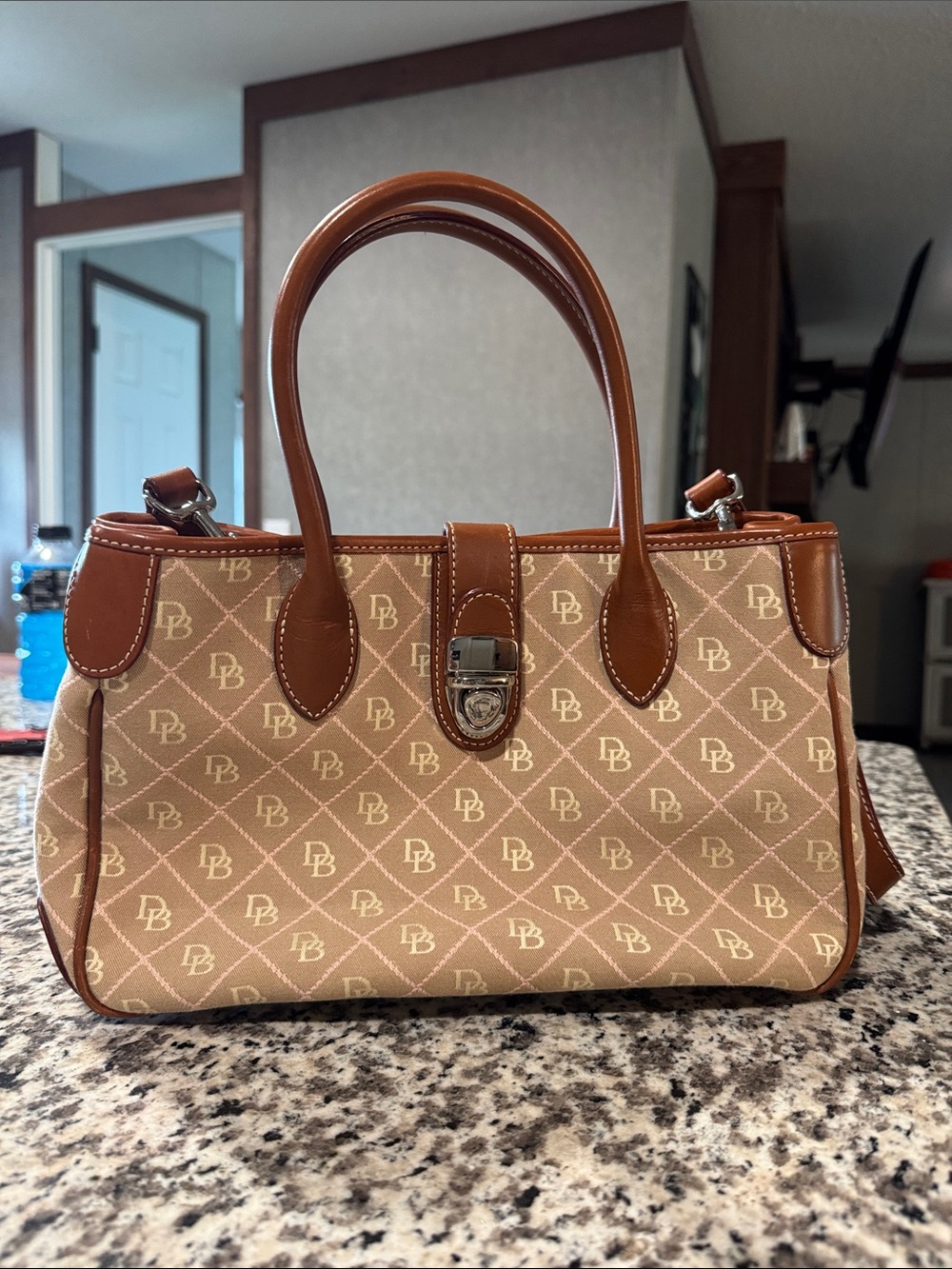 Dooney & Bourke Tan Monogram Satchel with Brown Trim